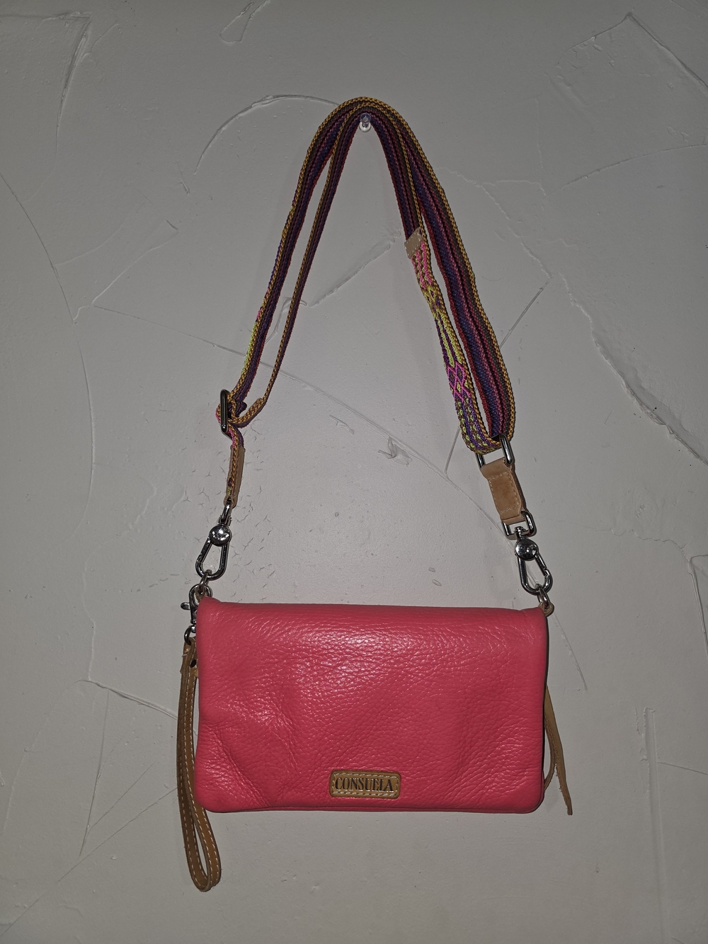 Consuela Hot Pink Leather Crossbody with Multicolor Woven Strap